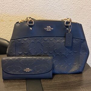 Coach Dark Blue Embossed Shoulder Bag and Wallet